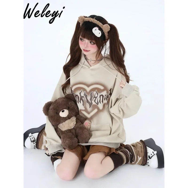 

Kawaii Y2k Sweater Cute Womans Clothing Japan 2024Spring Sweet and Cool Versatile Retro Loose Casual Long Sleeve Hooded Sweaters