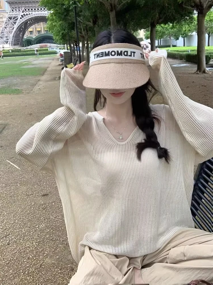 ملابس تريكو نسائية فضفاضة طويلة مفرغة جديدة 2023 ربيع خريف حماية من الشمس مكيف هواء غطاء علوي #3