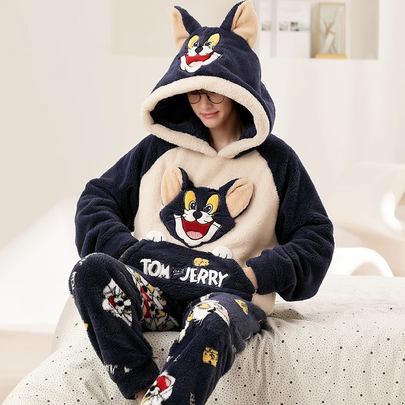 커플잠옷 Winter Coral Man Pajamas Pajama Sets Nightwear Hooded Long Sleeve Thicken Warm Flannel Sleepwear pijama hombre invierno