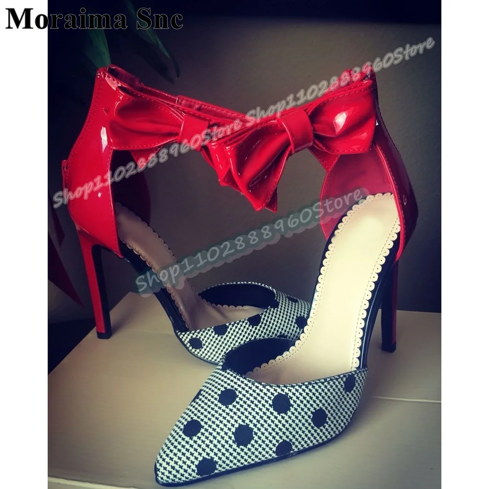 

Mixed Dot Bowknot Decoration Pointy Sandals Thin High Heel Women Shoes Back ZIpper Pointed Toe Stylish Party Zapatos Para Mujer