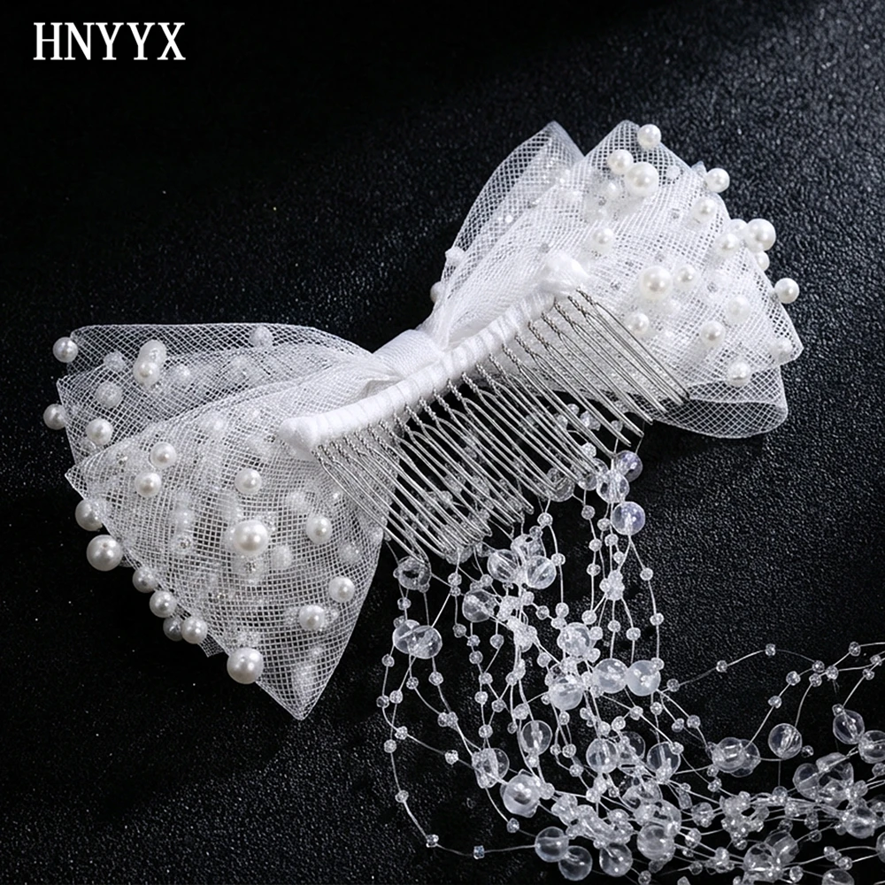 

HNYYX White Color Multi-layer Mesh Bow Hair Comb Pearl Hair Jewelry Fashion Long Tassel Princess Wedding Hair Ornaments A10