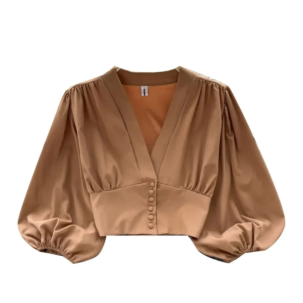 Camisas elegantes francesas para mujer, cuello en V, manga larga abullonada, blusa con pliegues, Tops versátiles para mujer