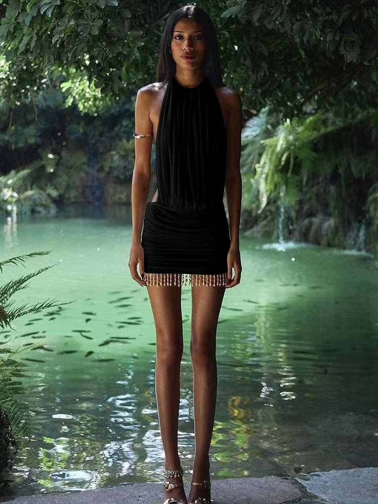 Kliou-Vestido drapeado con borlas y cuello Halter para mujer, minivestido liso con cordones y Espalda descubierta, Vestido moldeador de cuerpo, tendencia femenina, Vestido de fiesta de vacaciones