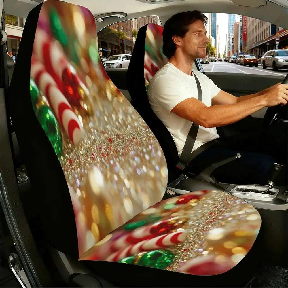 2pcs Festive Candy Cane And Ornament Car Seat Covers | High Back Design, Polyester Material, Universal Fit For Cars, SUVs, And T