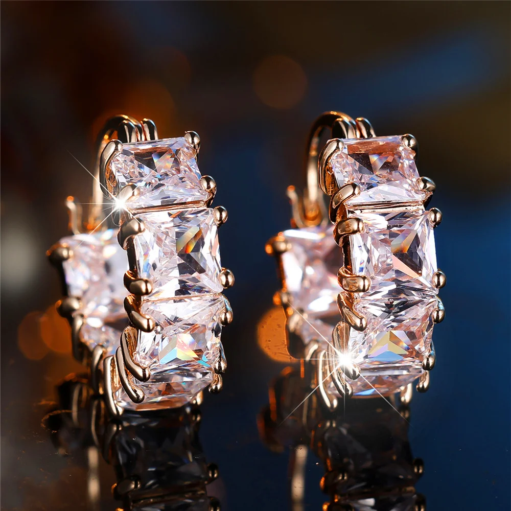 Crystal Green White Blue Square Zircon Stone Hoop Earrings For Women Fashion Female Gold Color Wedding Jewelry
