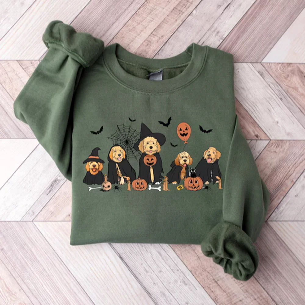 Ghost And Witch Goldendoodle Halloween Sweatshirt Dog Lover Halloween Gift Сute Puppy Ghost Bats Spooky Season Long Sleeve Top