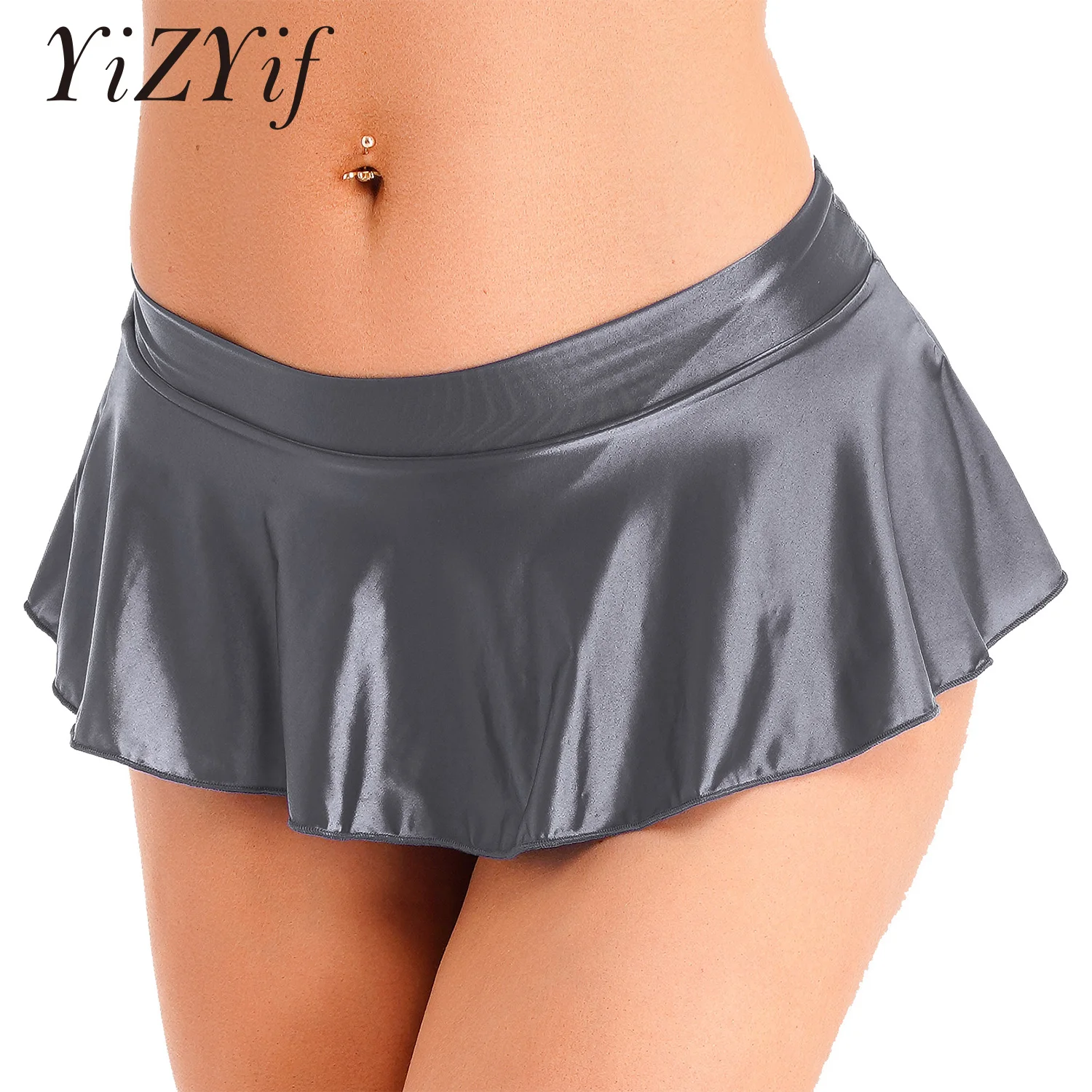 

Womens Sexy Glossy Mini Skirts Briefs Ladies Solid Color Low Rise Ruffled Miniskirt Cocktail Party Clubwear for Pole Dancing