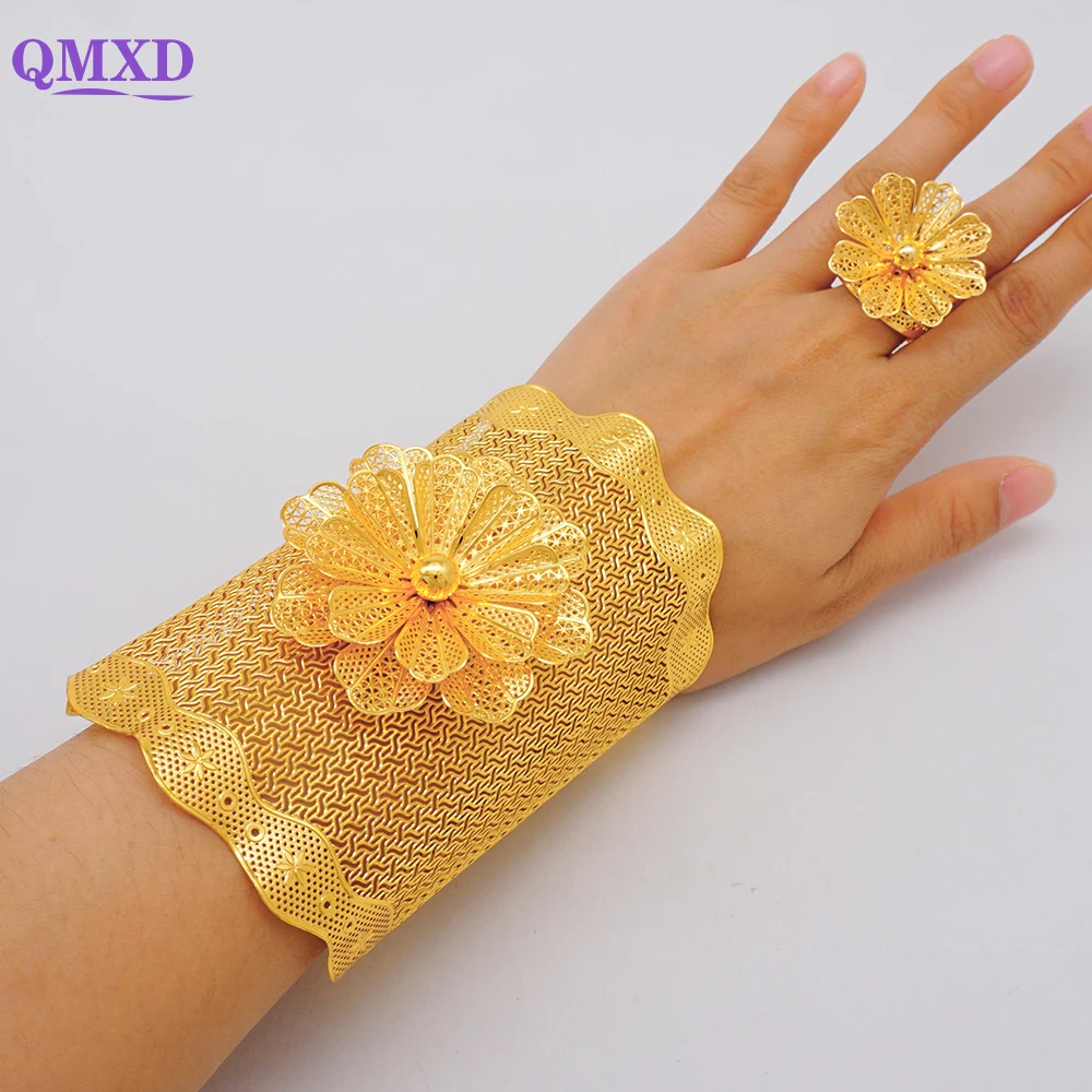 Dubai Gold Color Chain Cuff Bangle&Ring For Women African Indian Big  Bracelet Charm Moroccan Bangle Wrist Jewelry Party Gifts