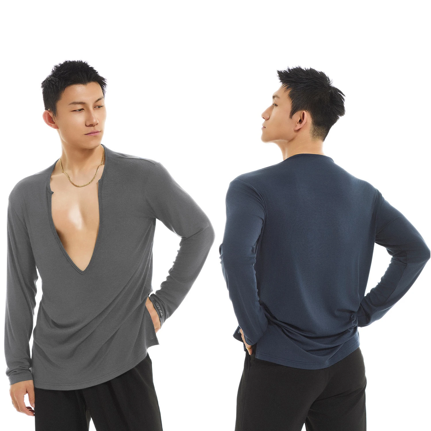 

Сексуальные топы для латинских танцев с глубоким V-образным вырезом, мужские топы с длинными рукавами для современных танцев, топы для взрослых, румба, бальные танцы, тренировочная одежда SL13454