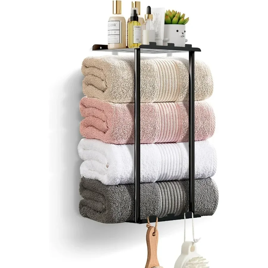 

Vertical Hanging Towel Rack Sturdy Metal Wall Mounted Towel Racks for Bathroom Towel Holder with Shelf and 6 HooksSpace Saving
