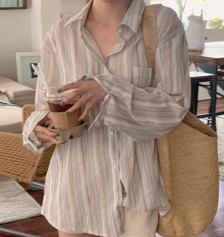 ゆったりフィット ロング丈 日焼け防止 春 2025 薄手 ストライプ柄 通気性 レディース ファッション カジュアル トップス