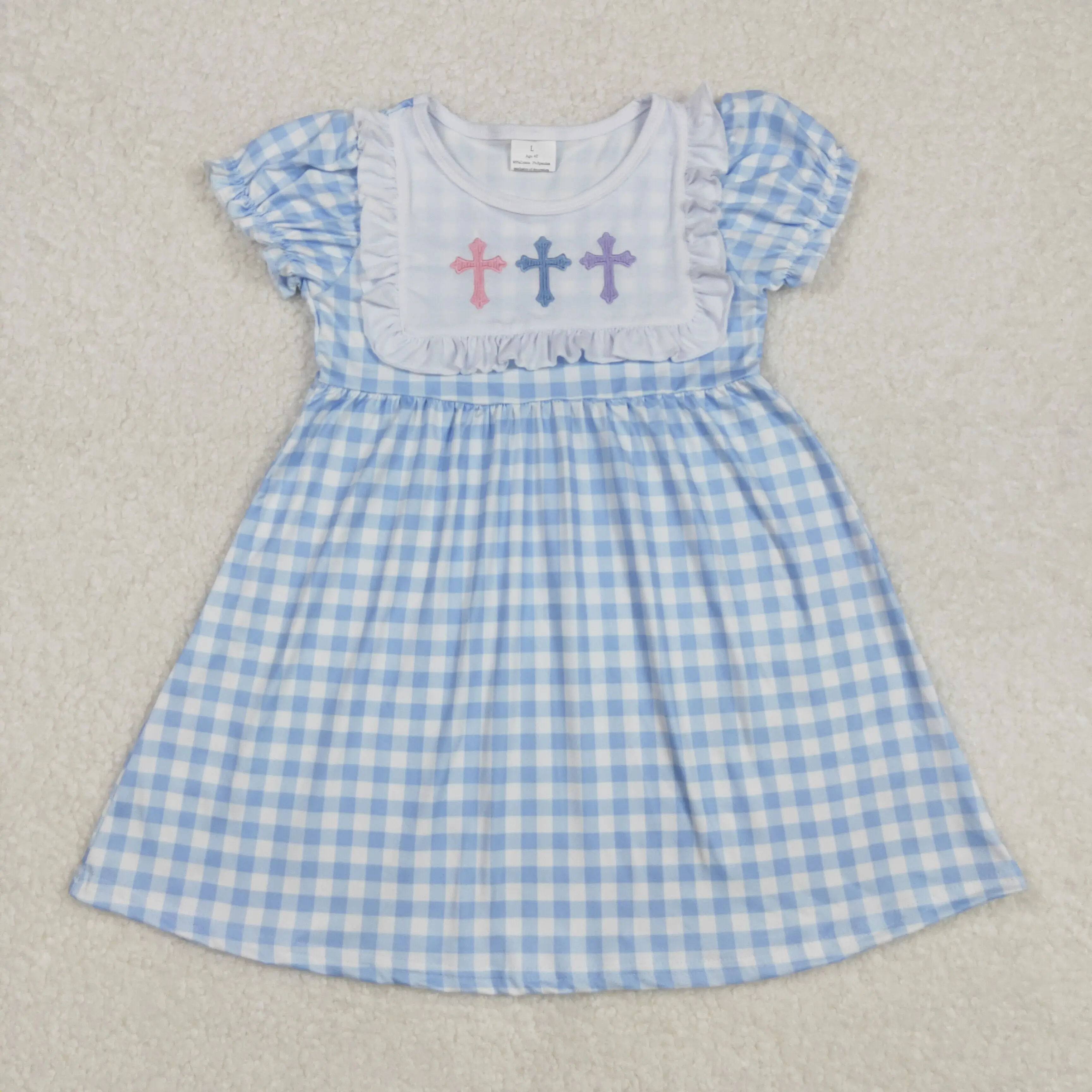 Wholesale Kids Easter Short Sleeves Baby Girl Toddler Knee Length Embroidery Crosses Plaid Dress Children Infant Ruffle Clothes