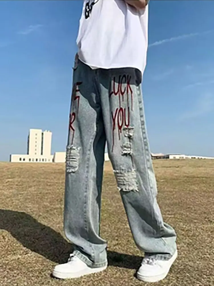 Y2k Streetwear Printed Ripped Hole Jeans Men Wide Leg Denim Baggy Pants Vintage Casual Jeans Straight Trousers