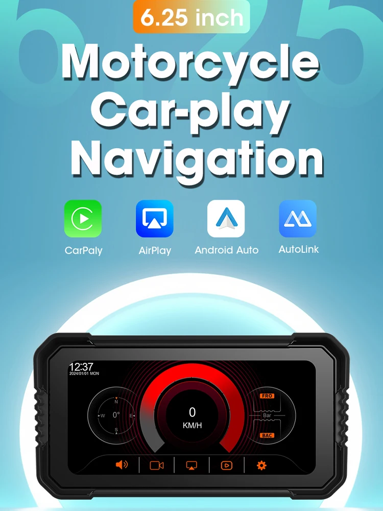Jansite Przenośna nawigacja motocyklowa GPS 6,25 cala, bezprzewodowy Carplay, Android Auto, rejestrator jazdy DVR, monitor motocyklowy, wodoodporność IPX7 — 2