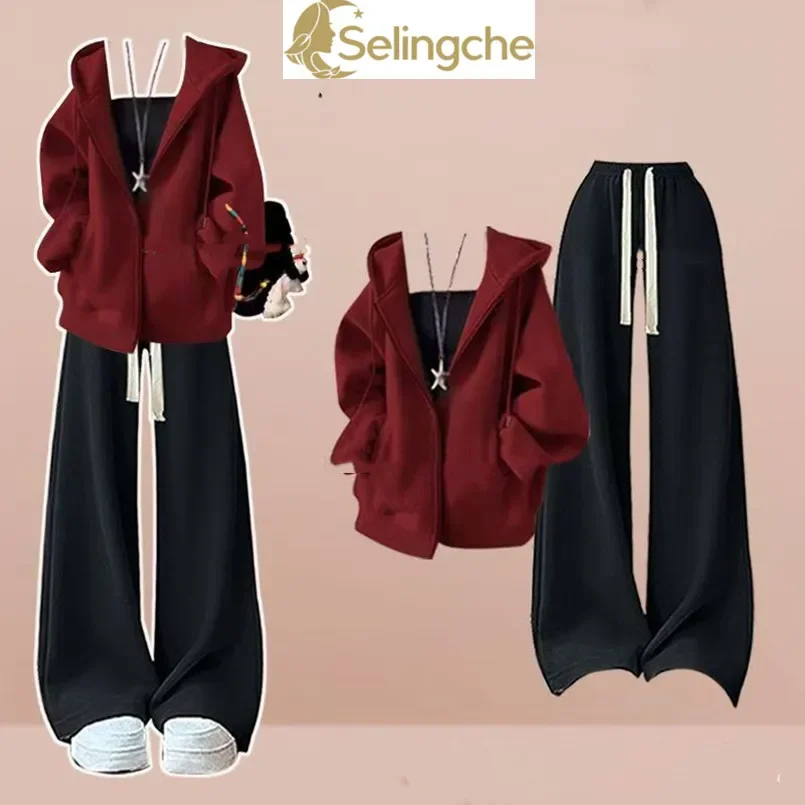 

Western Style Women's Spring Autumn Korean Version Red Jacket Vest Slimming Casual Pants Three Piece Set