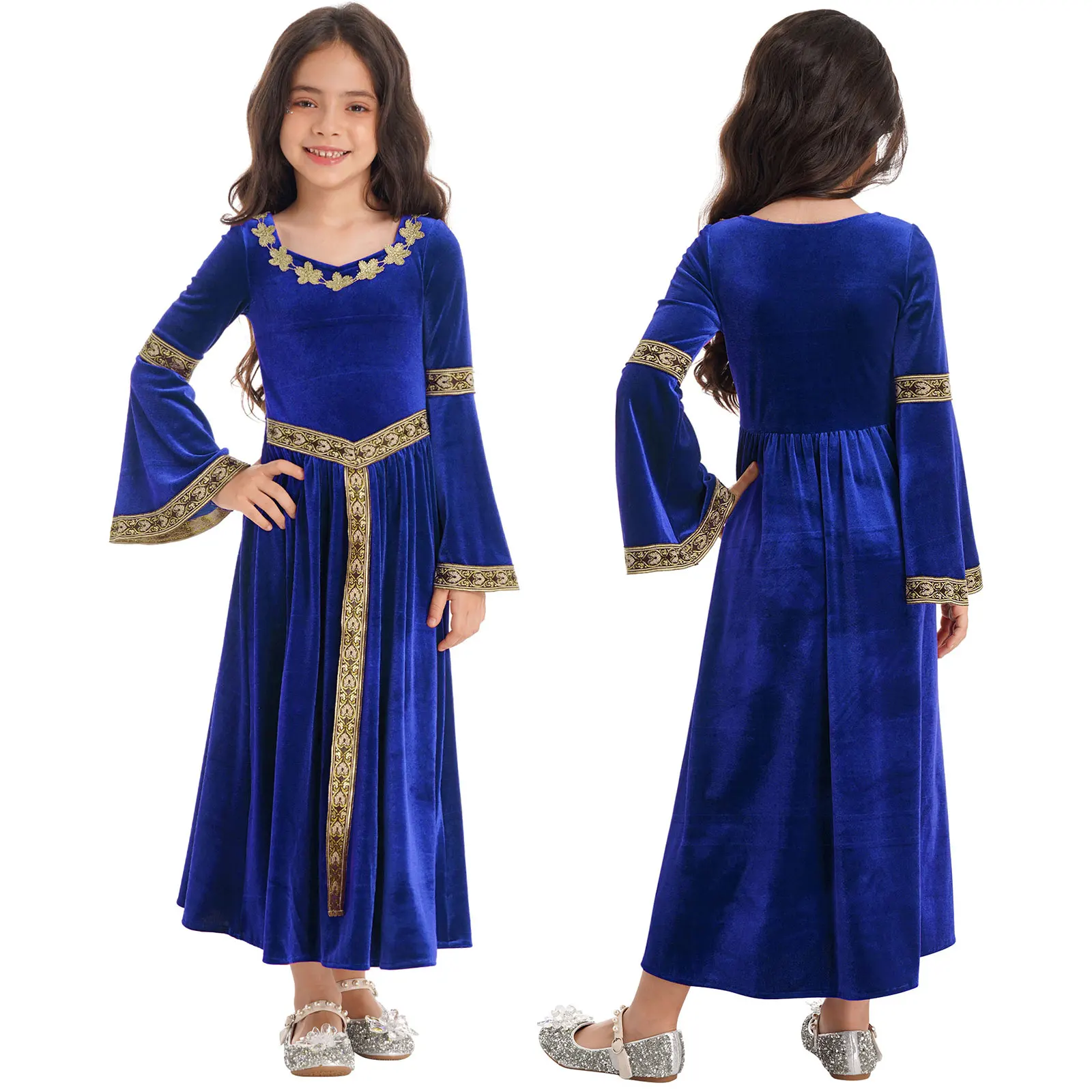 Meninas princesa medieval veludo vestido de manga longa, vestido vintage infantil, festa carnaval vestido cosplay, traje renascentista