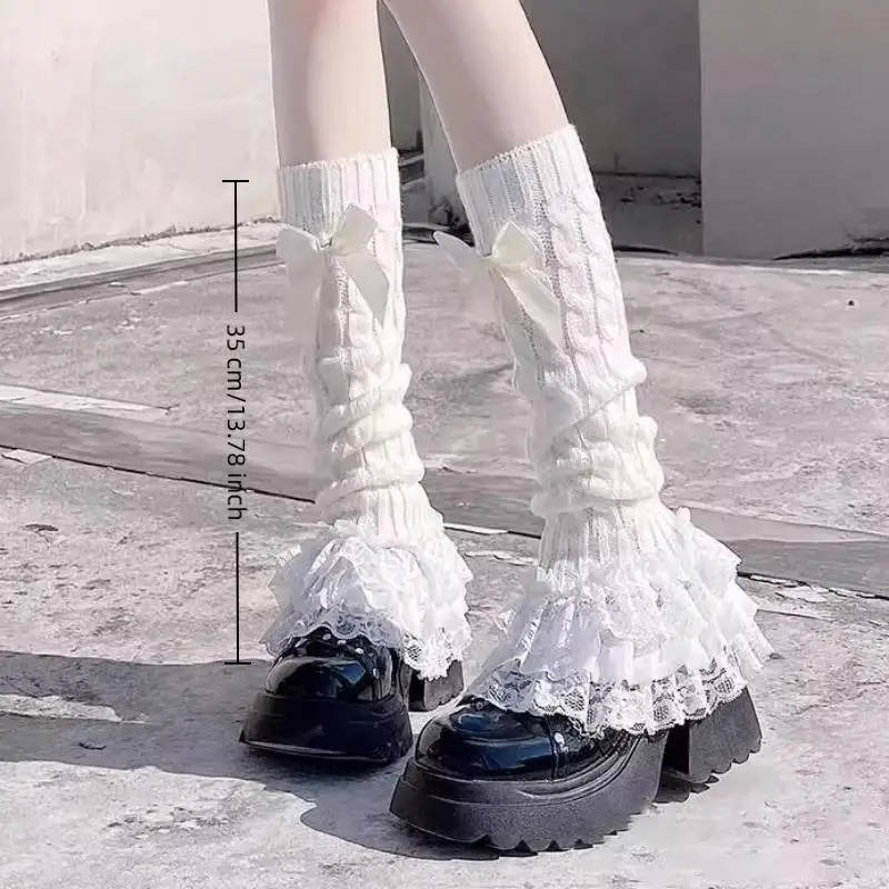 Lightweight Lolita Leg Warmers Ruffled Lace Kawaii Bowknot Knit JK Boot Cuffs for Travel Wear Use