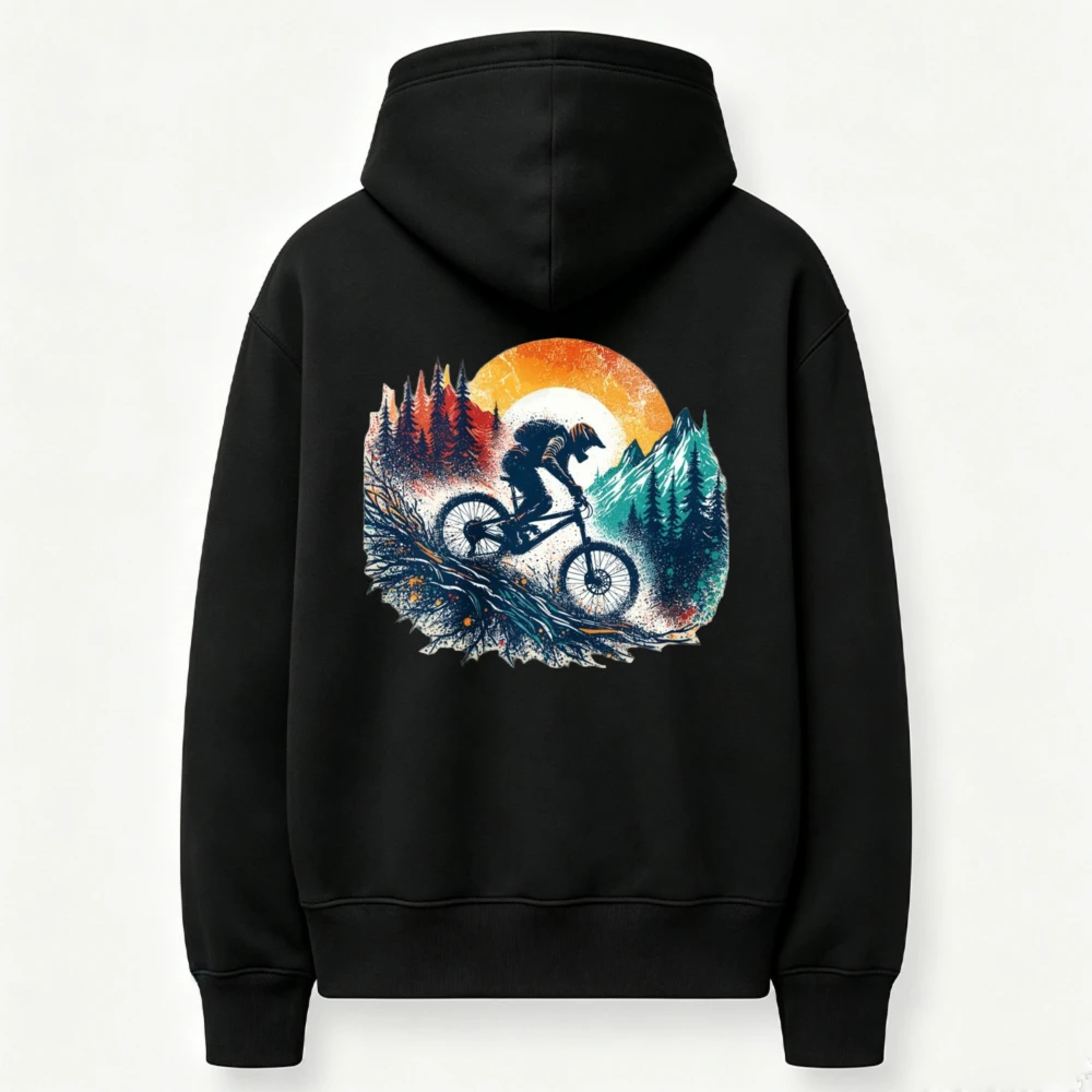 Watercolor Mountain Biker Sunset Pine Forest Graphic Hoodie MTB Downhill Rider Vintage Nature Landscape Art Pullover Sweatshirt