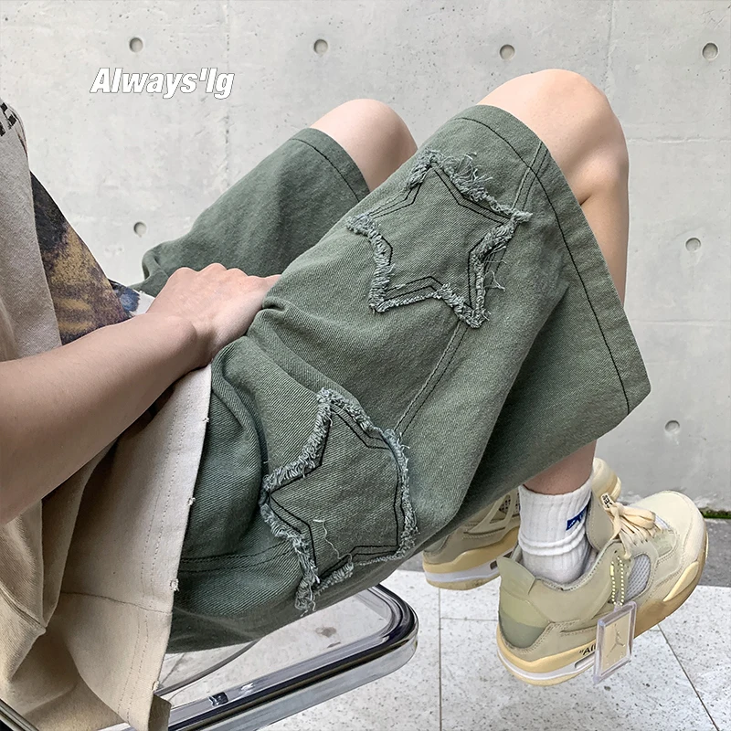 Jeans Shorts Men Clothes Hop Cargo Baggy Short Pants Y2K Women Streetwear Breeches Star Korean Harajuku Jorts Denim Hip