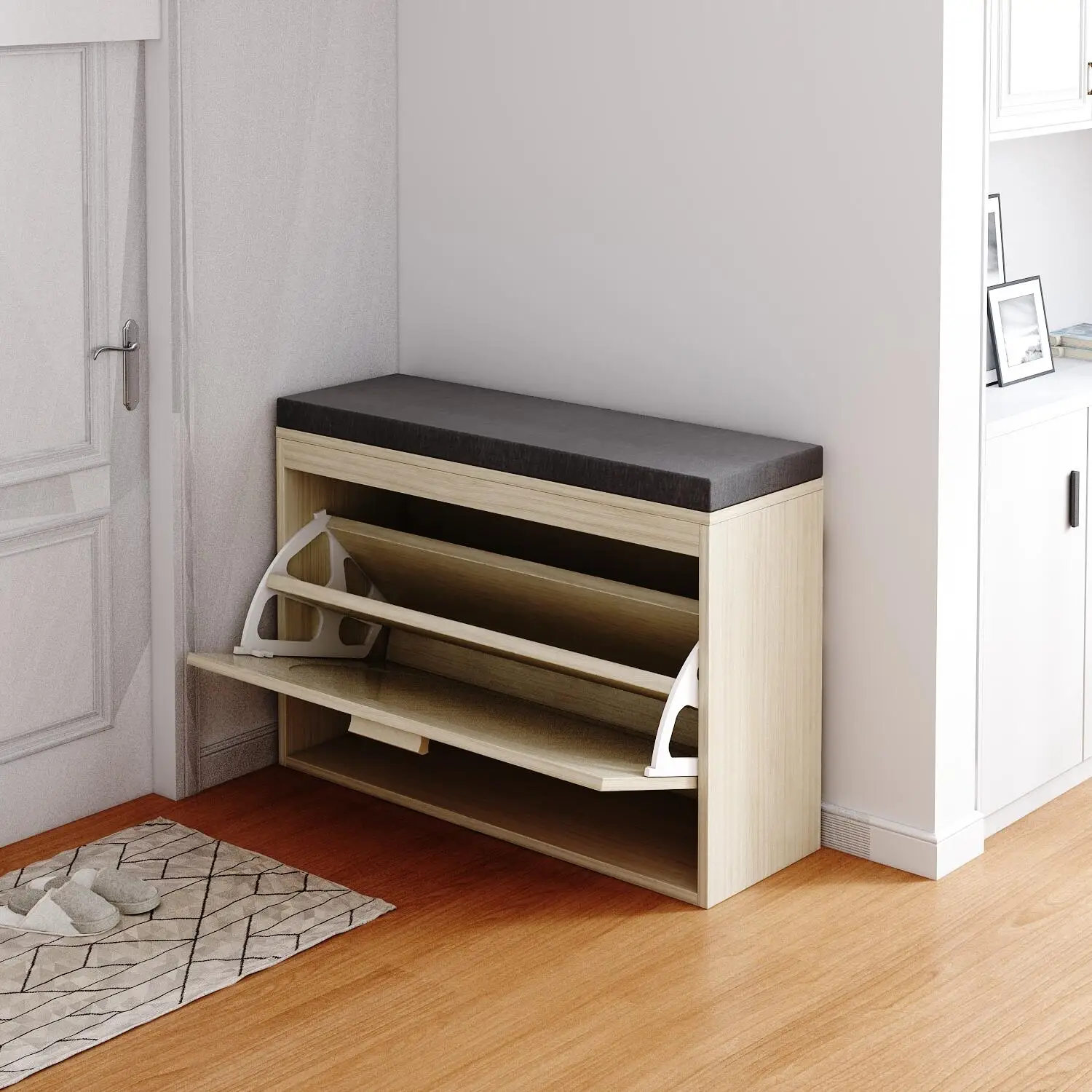 

Rattan Shoe Rack, Hallway Shoe Bench, Shoe Cabinet with Flip-Drawer and Seat Cushion