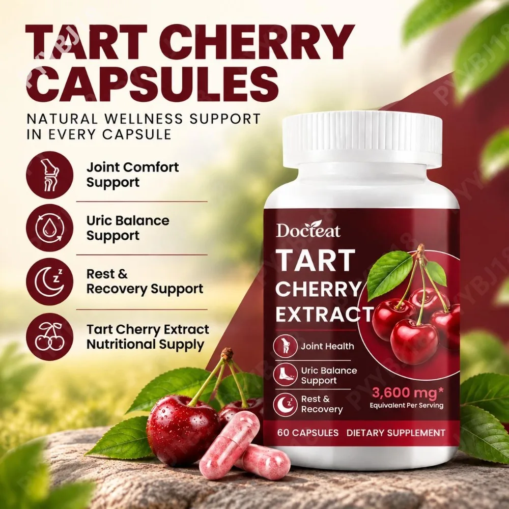 Docteat Tart Cherry Extract Capsules 3,600 Mg Fresh Fruit Equivalent for Restful Sleep, Muscle Recovery & Joint Comfort 60 Caps