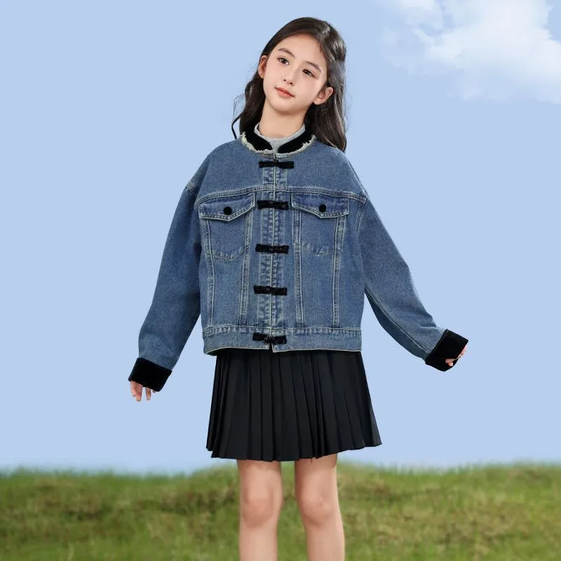 Girls' Spring/Autumn Breathable Jacket Children's 2026 Creative New Trendy Buckle Long Sleeve Coat New Chinese Jacket Top LJ387