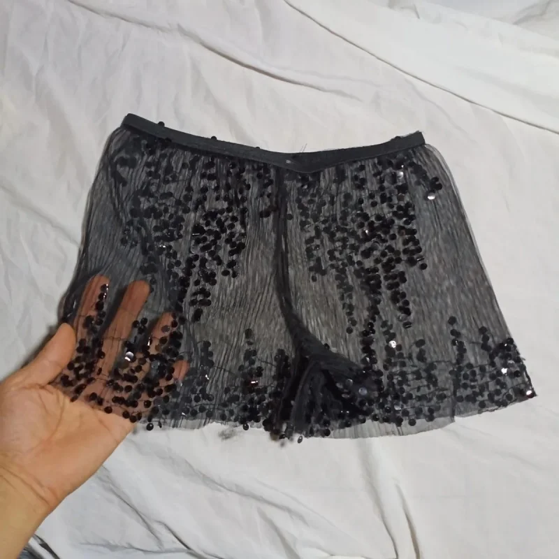 Men's Sparkling Black Half Sheer Shorts Live Show Dance Costumes Model Show BF Gifts Sissy LGBQ Private Party Costumes