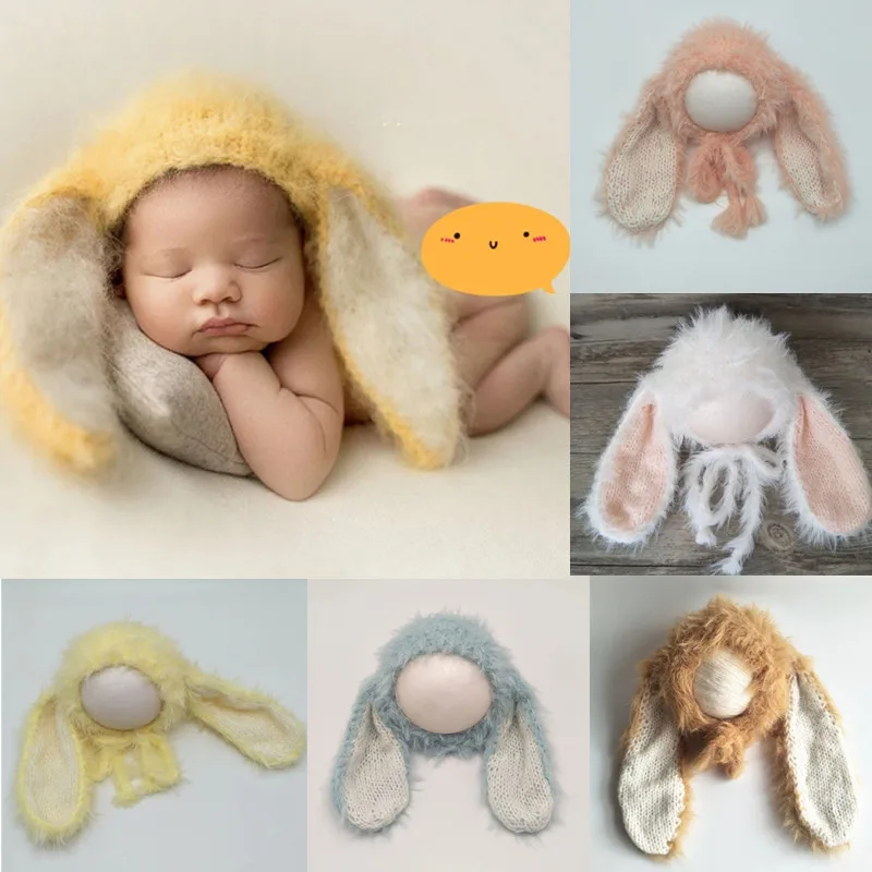 Handmade Knitted Plush Warm Baby Hat Long Rabbit Ears Woolen Yarn Newborn Beanie Cap for    Newborn Photography Props Hat Bonnet