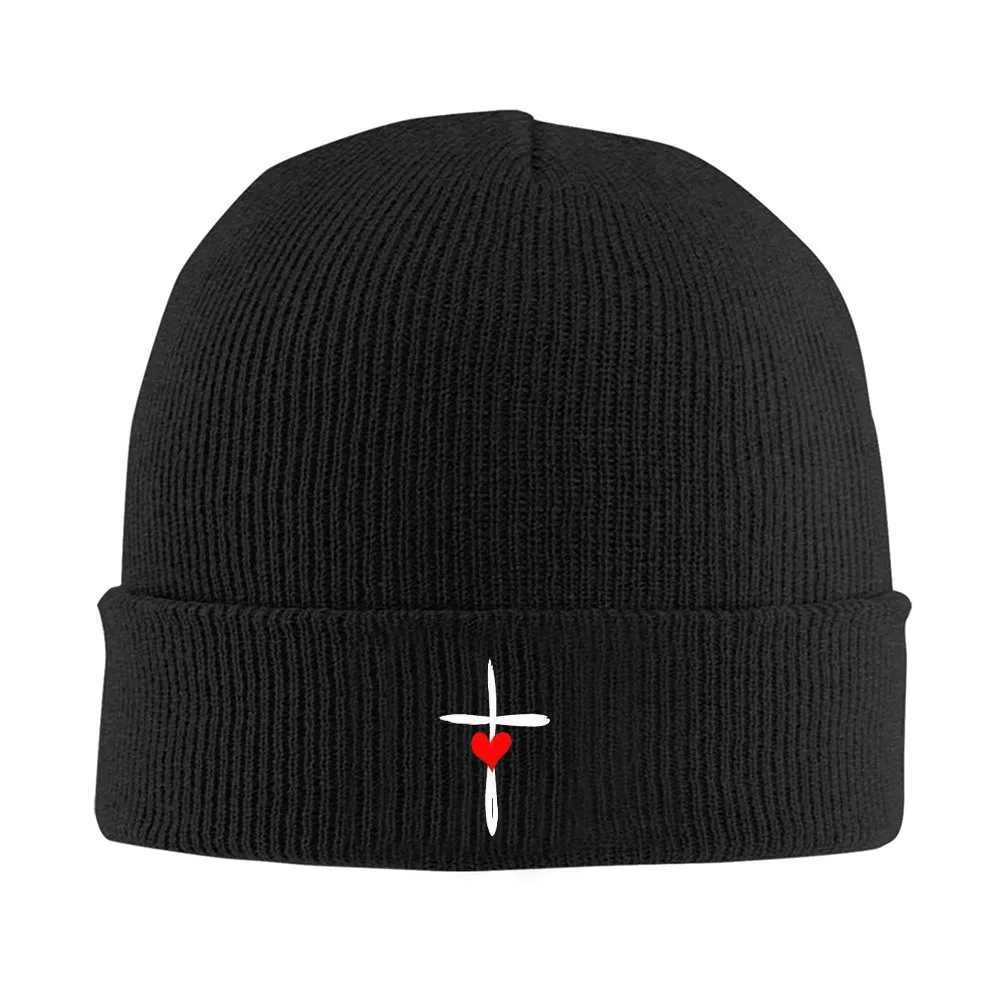 1pc Heart Attached to White Cross Beanie Hat Unisex Windproof Warm Ski Cap Knitted Hat Slight Stretch