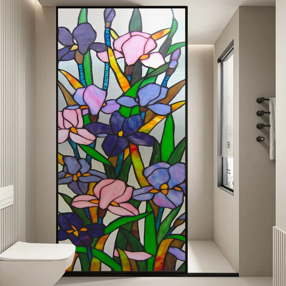 Window Privacy Film UV Blocking Heat Control Window Covering Static Cling Decorative Colorful Flower Glass Window/Door Sticker