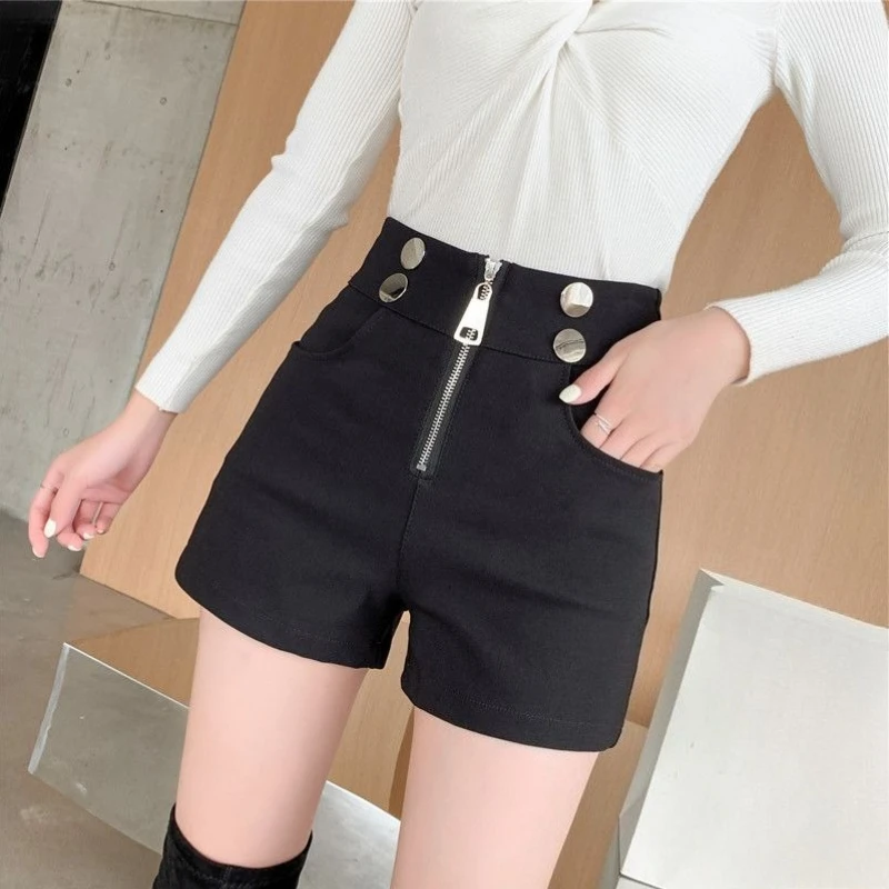 2026 New Summer Black Stretchy Women Shorts High Rise Zip Double Row Buttons Flare Leg Comfortable Slim Fit Versatile