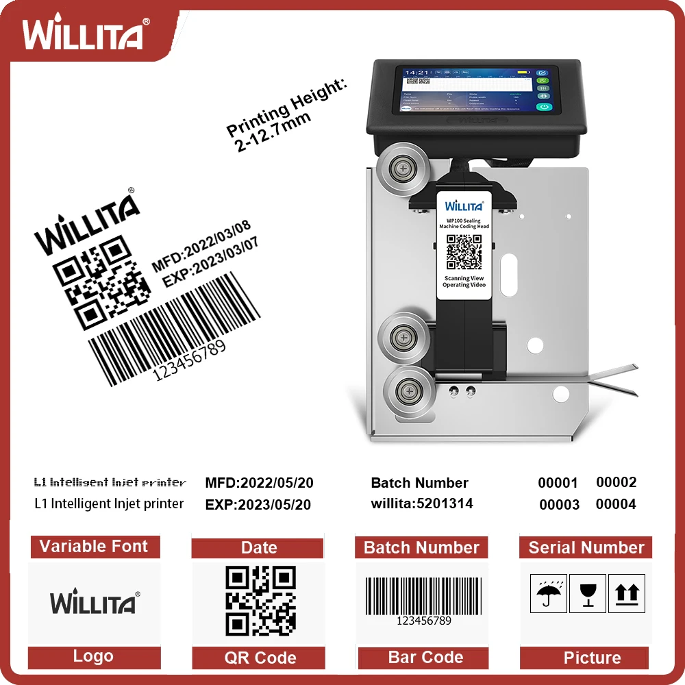 Imagem -01 - Máquina de Codificação Pendurado no Aferidor qr Código do Grupo de Barras Número Logotipo Data de Expiração Etiqueta Inkjet Cabeça de Impressão para a Máquina de Selagem