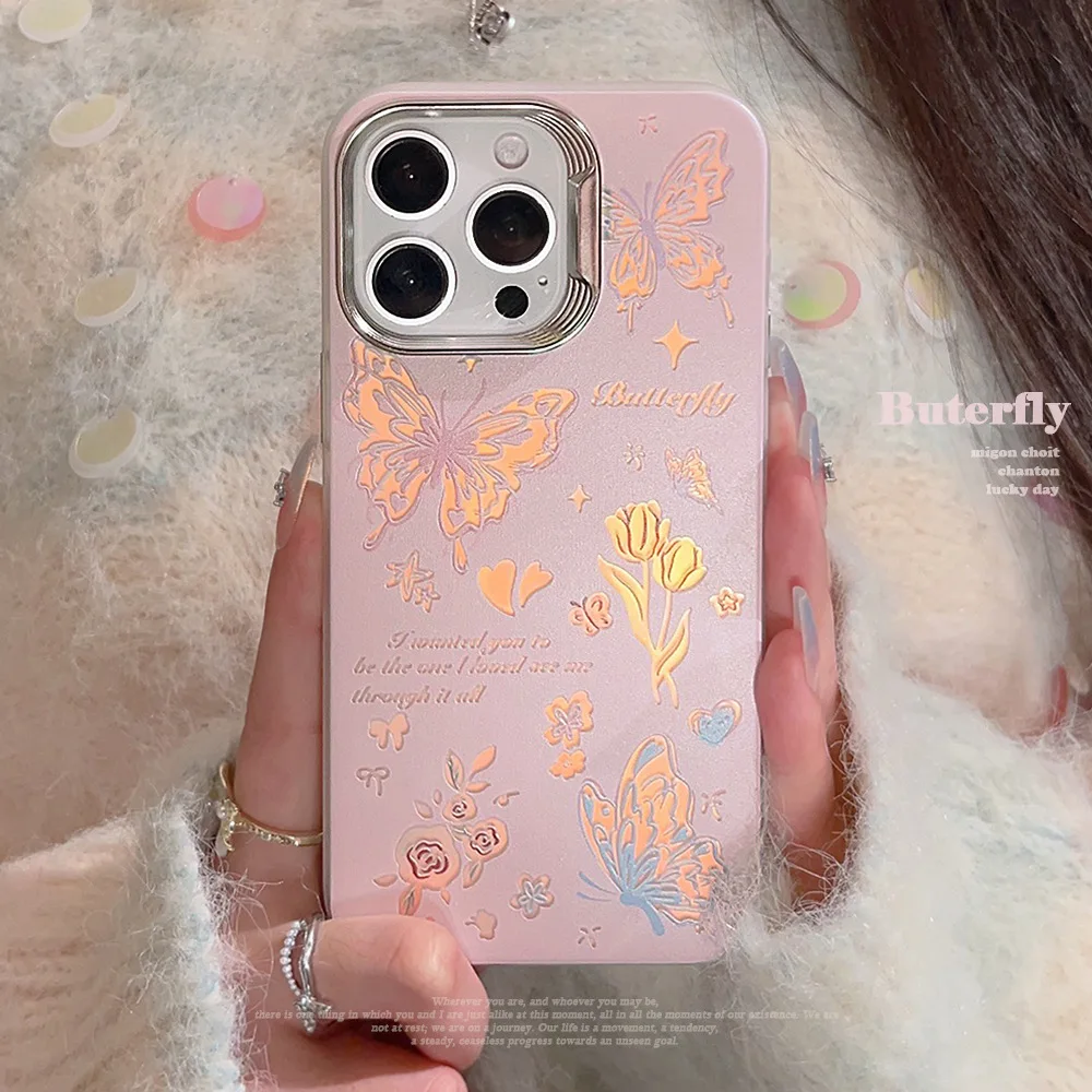 Stylish Illusion Color Pink Butterfly Rose Flower Phone Cover Case for iPhone 16 15 14 13 12 11 Pro Max Plus