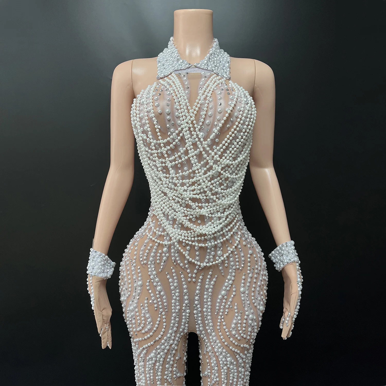 Elegant Luxury Beaded Rhinestone Jumpsuit - Backless Evening Dress for Host Stage Performance Birthday Party Prom Glove jumpsuit