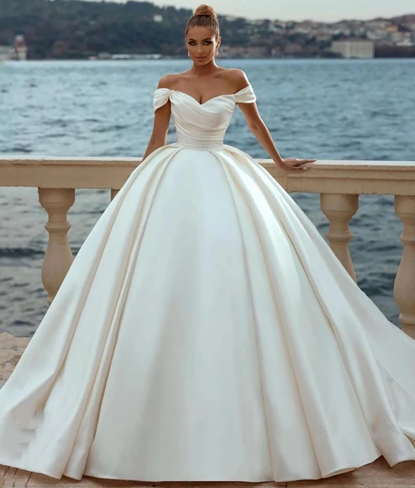 

Victoria Customized Graceful Satin A-Line Off the Shoulder Evening Dress Classic Sweetheart Sleeveless Women Wedding Gowns