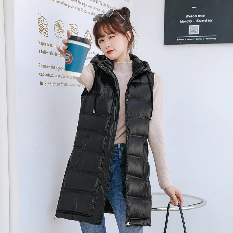 New Fashion Versatile Medium To Long Hooded Cotton Vest Women\'S Autumn Winter Casual Warm Sleeveless Cotton Waistcoat Coat