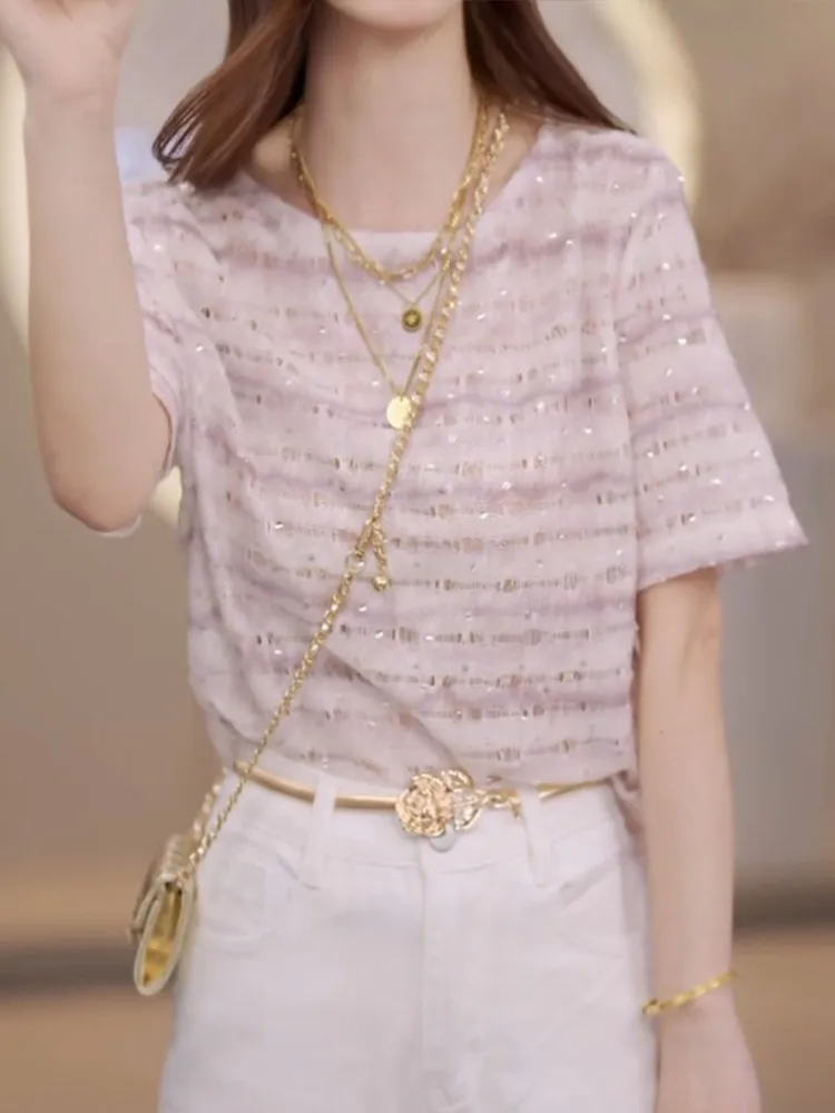 

Color Blo Stripe Design ort Sve Knitted Top Women's Summer New Sle Small Fraance Sle ort Sve T-irt Overhead