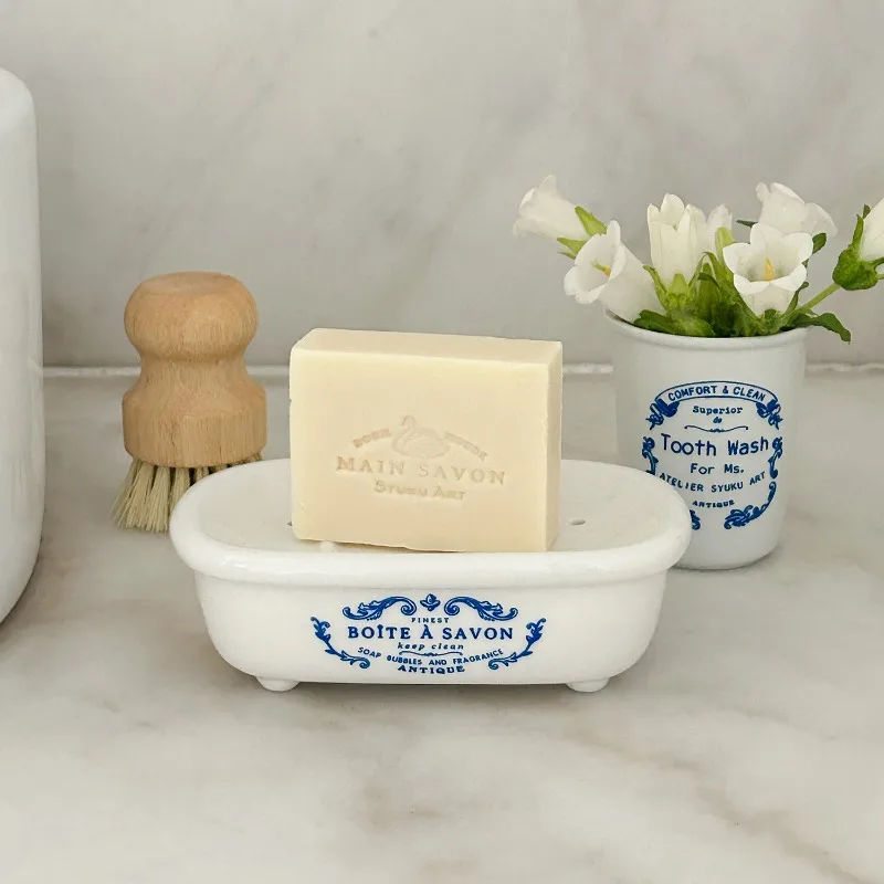 

Керамическая мыльница в стиле ретро с синим принтом, двусторонняя мыльница для ванны, винтажная мыльница в фермерском доме, декор для ванной комнаты