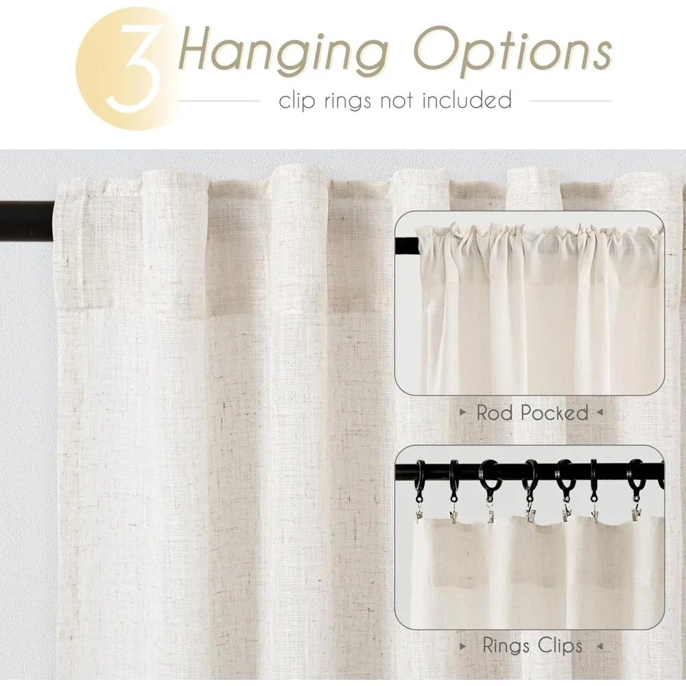 Light Filtering Linen Curtains - 102 Inch Long, 2 Panel Set for Living Room and Home Office, Modern Minimalist Style