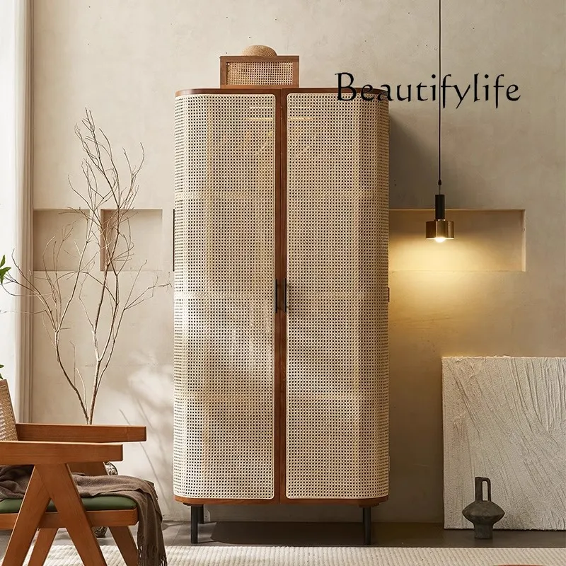 Nordic solid wood rattan wardrobe swing door Japanese-style small apartment retro wardrobe