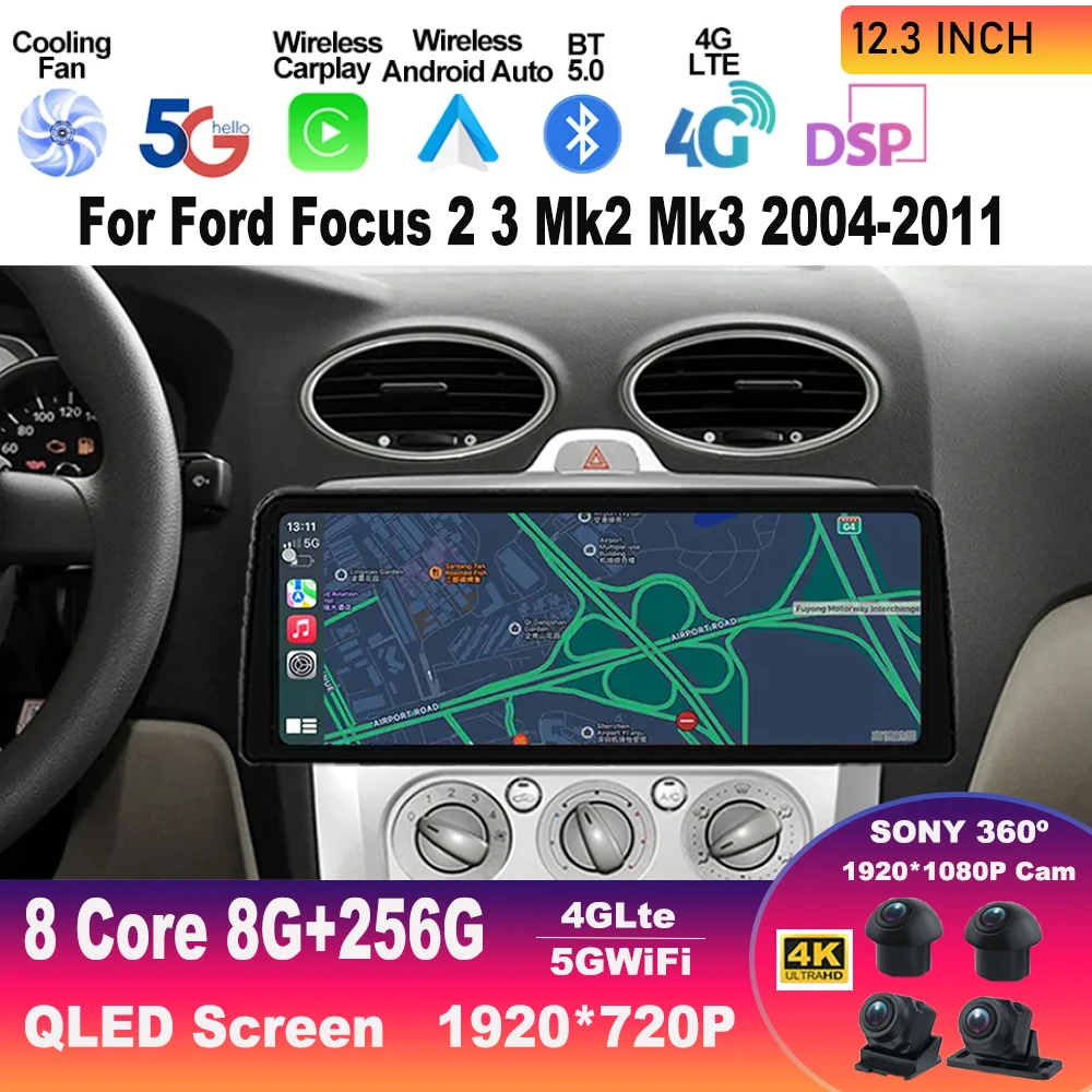 Экран 12,3 дюйма Android для Ford Focus 2 3 Mk2 Mk3 2004-2011, автомобильное радио, стерео, мультимедийный видеоплеер, GPS-навигация, проектор