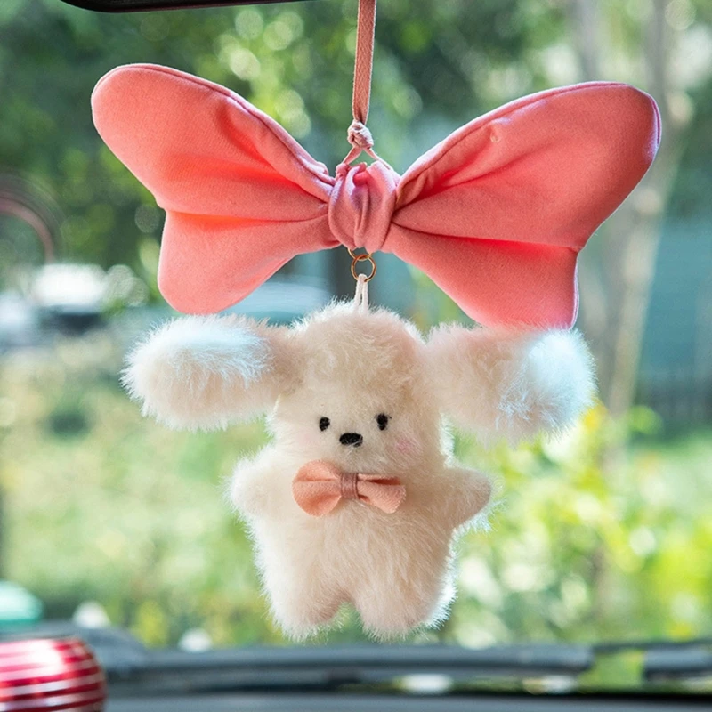 Hanging Decoration Rear View Mirror Rabbit Ornament Pendant Car Interior Decorative Accessory Plush Bunny- Keychain