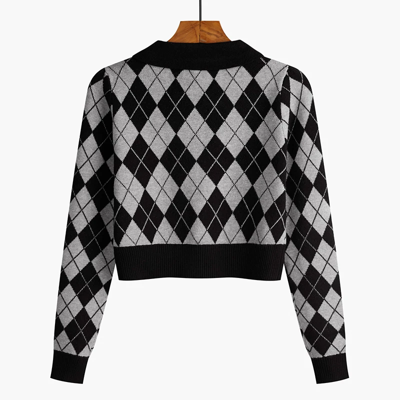 Suéter de punto para mujer, cárdigans nuevos de manga larga con cuello vuelto, suéter de punto a cuadros, cárdigan, Tops para mujer, suéteres, prendas de punto Q826