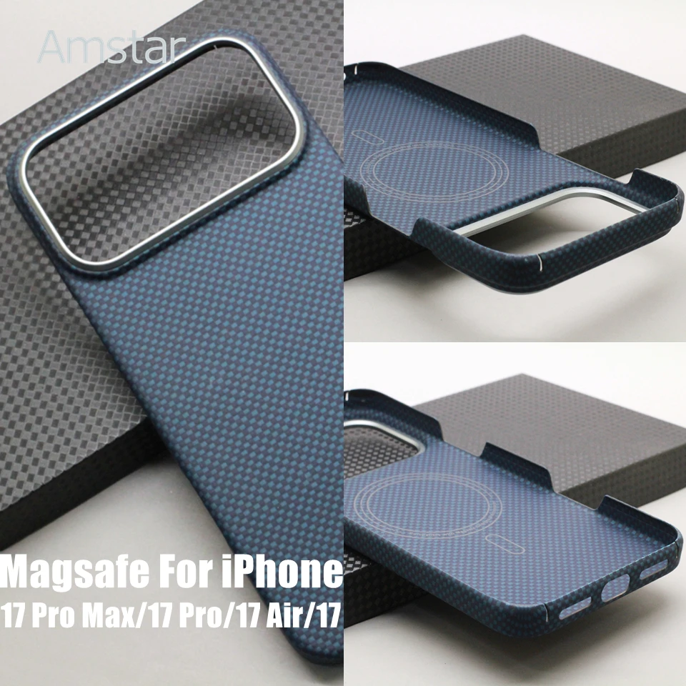 Blue Woven Pattern Carbon Fiber Magnetic Case for iPhone 17 Pro Max / 17 Pro / 17 Air / 17 Kevlar Aramid Fiber Magsafe Cover - náhled 2