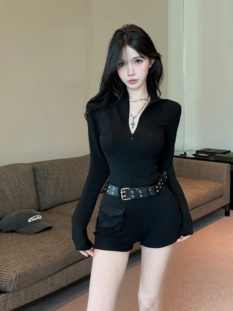Fashionable Sexy Zipper V-Neck Slimming Short Pants Women's Autumn Winter Low Waist Jumpsuit with Belt Black Slim Fit Pockets
