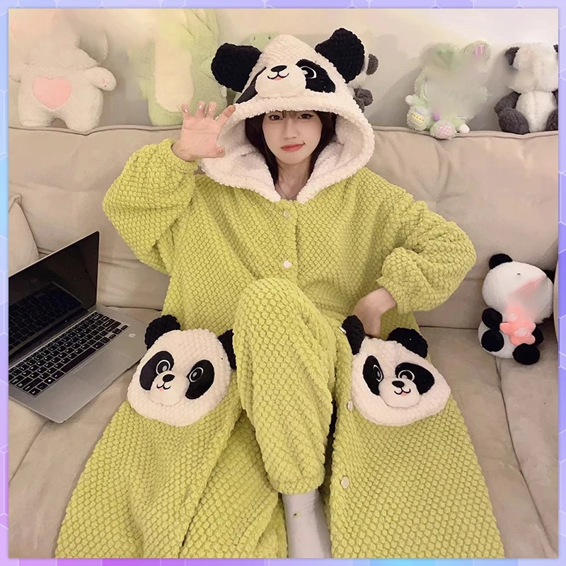 

Cute Coral Fleece Winter Warm Sleepwear Women's Pajamas With Pants Set Kawaii Hooded Nightgown Girls Home Wear Suit Pajama