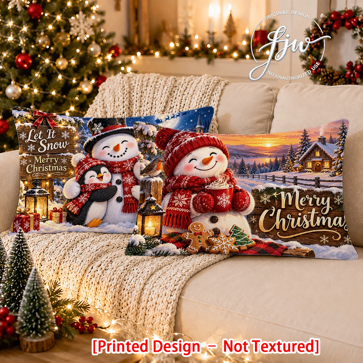 2pc Christmas Winter Snowman Polar Penguin Throw Pillow Covers Set of 2