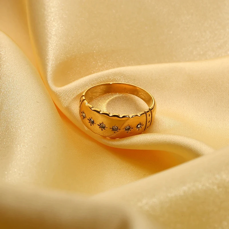 18K Gold Plated Stainless Steel Bling Stone North Star Stackable Rings for Women Trendy Bold Ring Waterproof  Everyday Jewelry