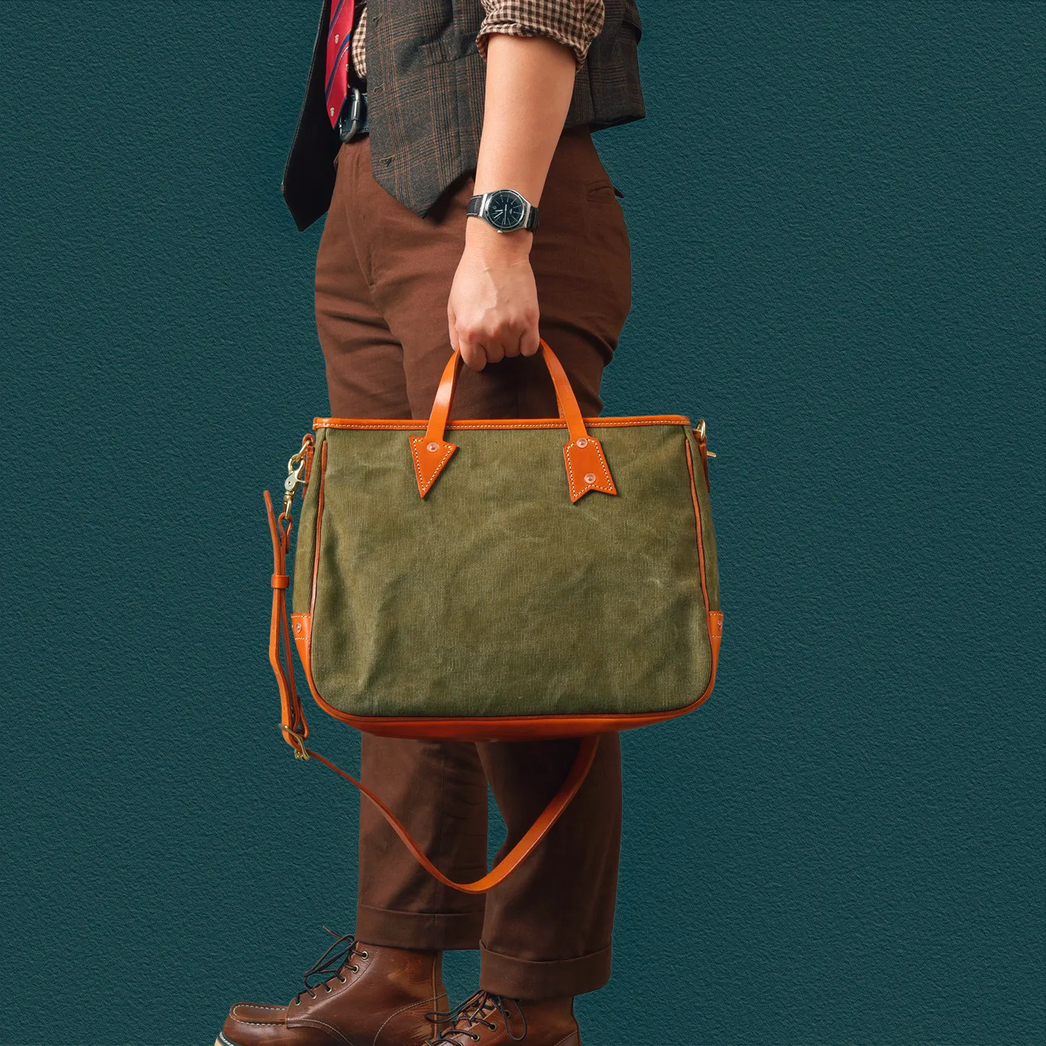 High-End Retro Men Bag Contrast Color High Density Canvas Handbags Full Tree Cream Cowhide Durable Lightweight Tote Briefcase