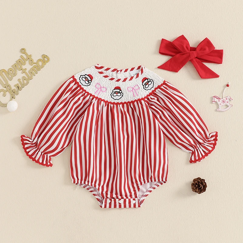 Baby Girl Christmas Smocked Santa Bubble Romper Retro Striped Bodysuit Bow 2Pcs Cute 1st Xmas Gift Going Home Photos